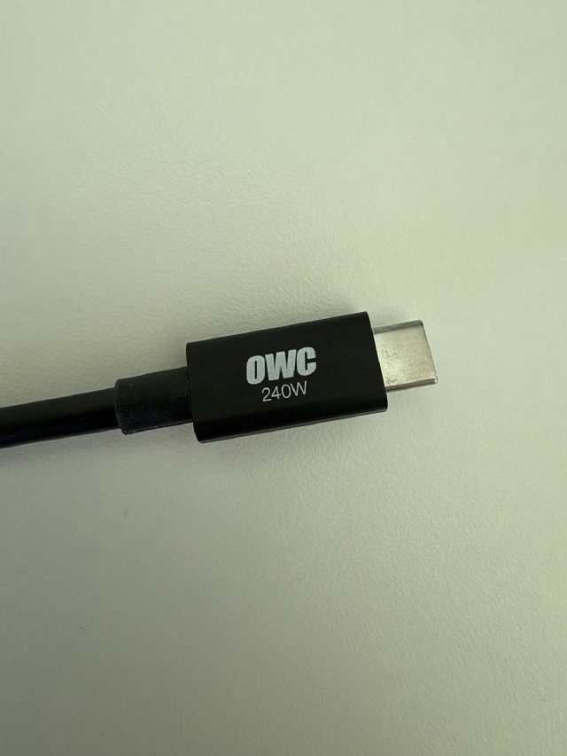OWC Thunderbolt 5 cable connector, reverse side, printed "OWC 240W".