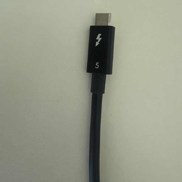 OWC Thunderbolt 5 cable connector showing the Thunderbolt lightning-bolt logo and the number 5.