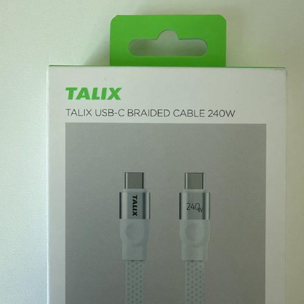 TALIX USB-C Braided Cable 240W retail box, showing a white braided cable with "TALIX" and "240W" on its connectors, and icons for Safe and Reliable, 5A Fast Charge, and USB 2.0 480 Mbps Transmission.