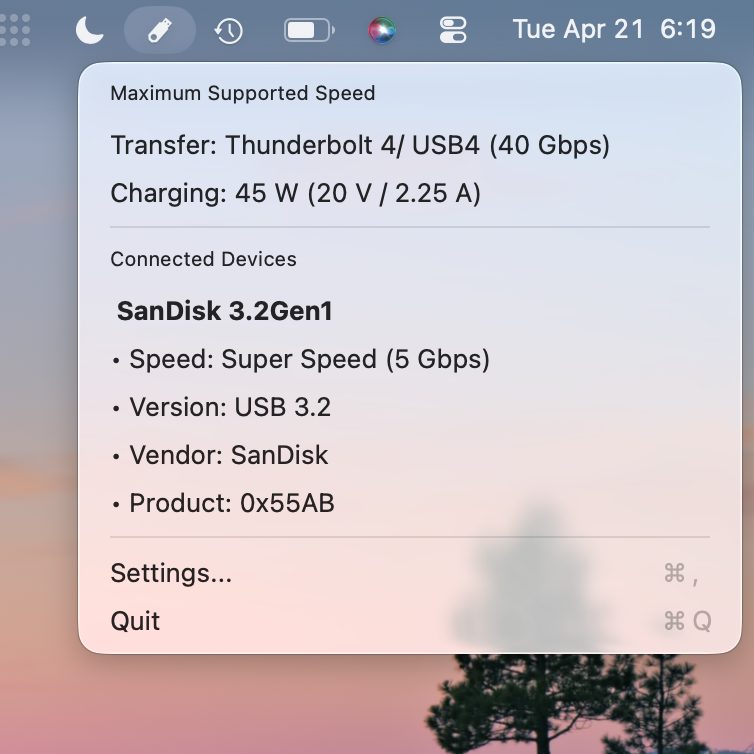 USB Connection Information notification on macOS - SanDisk 3.2Gen1 Connected at Full Speed, Super Speed 5 Gbps
