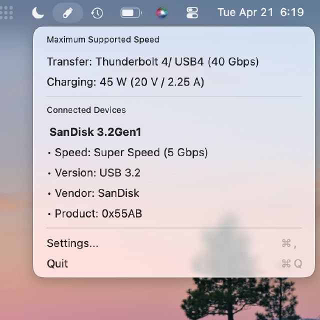 USB Connection Information notification on macOS - SanDisk 3.2Gen1 Connected at Full Speed, Super Speed 5 Gbps