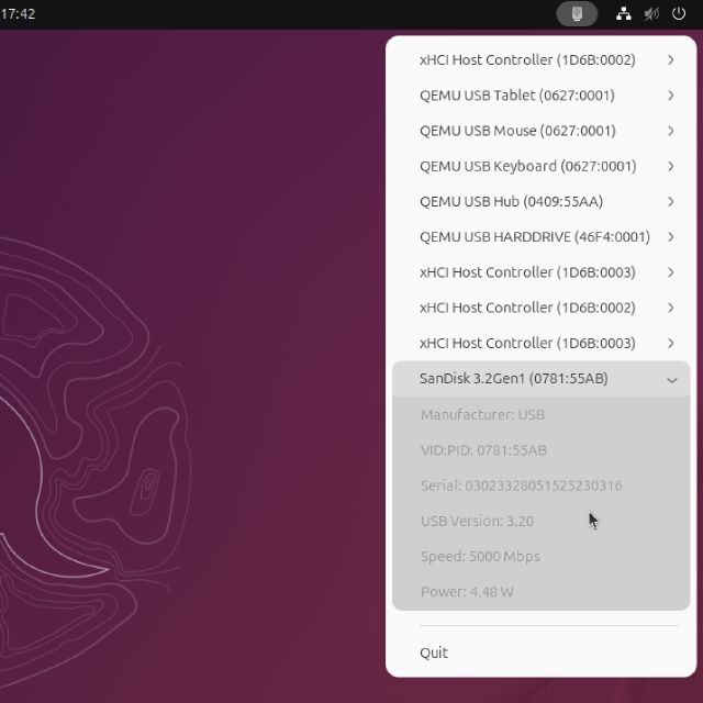 USB Connection Information tray app on Ubuntu Linux showing a USB device list with a SanDisk drive selected at USB 3.2, 5000 Mbps