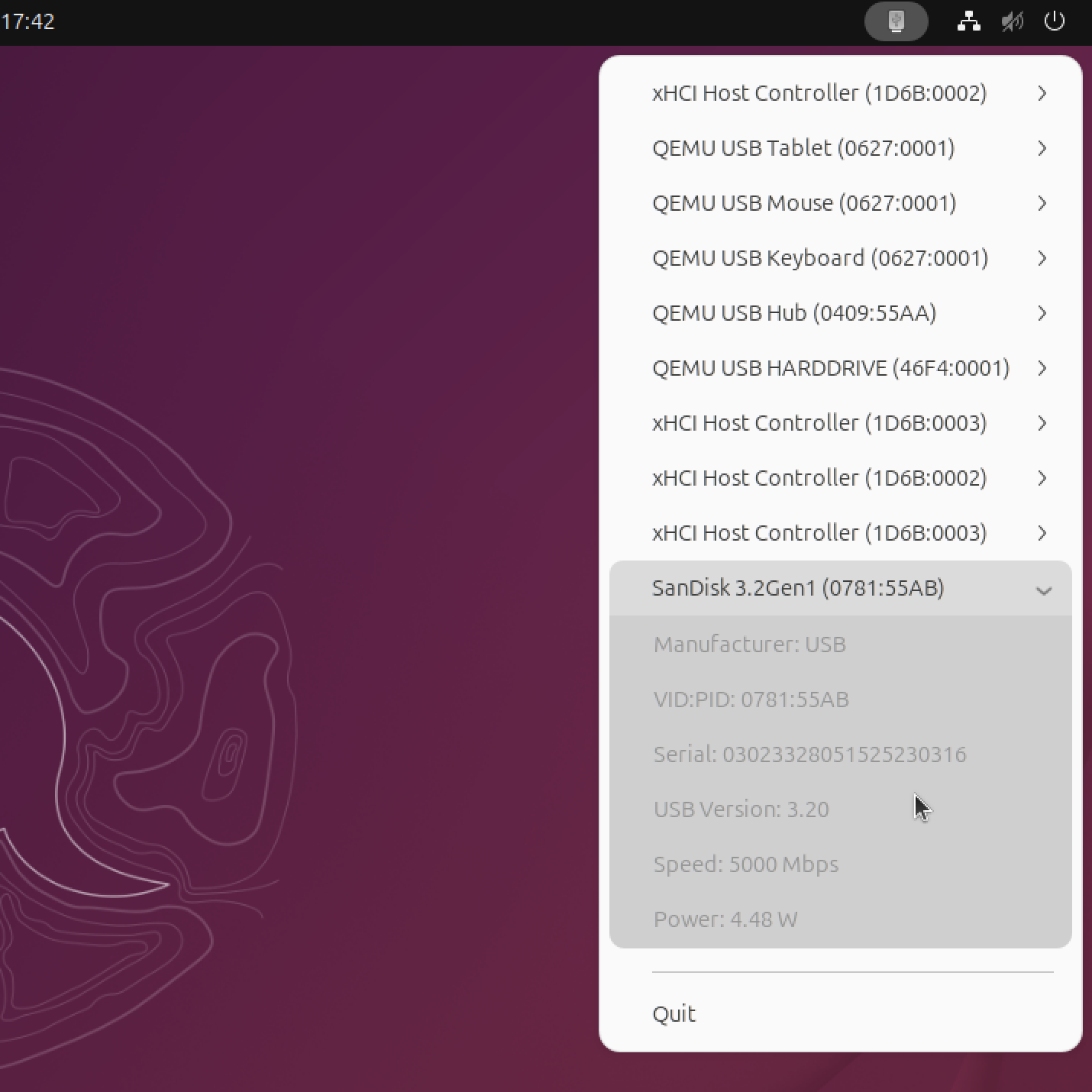 USB Connection Information tray app on Ubuntu Linux showing USB device list with SanDisk selected at USB 3.2, 5000 Mbps