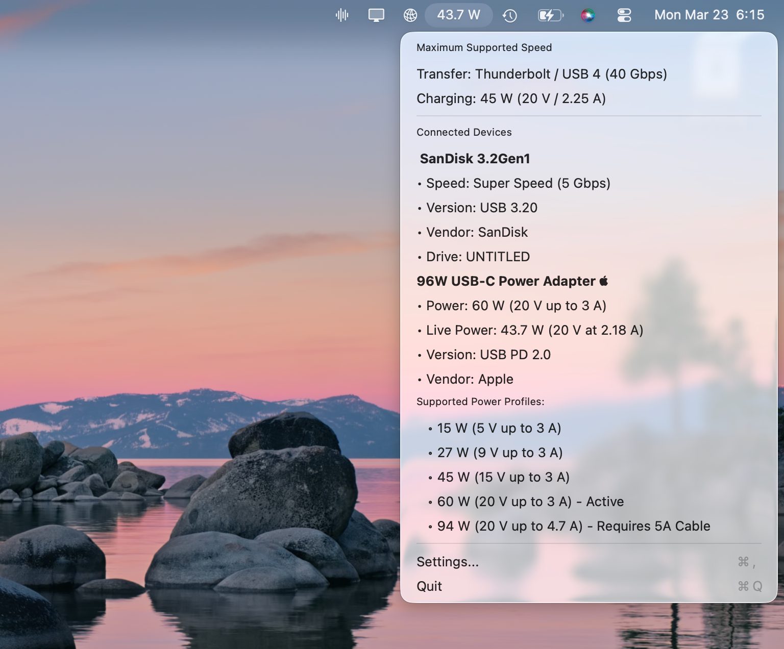 USB Connection Information menu bar popup showing Thunderbolt/USB 4 speed, a SanDisk drive, and Apple 96W USB-C Power Delivery profiles