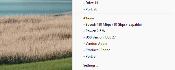 An iPhone in the USB Connection Information Windows tray menu showing speed, power, USB version, vendor, product, and port